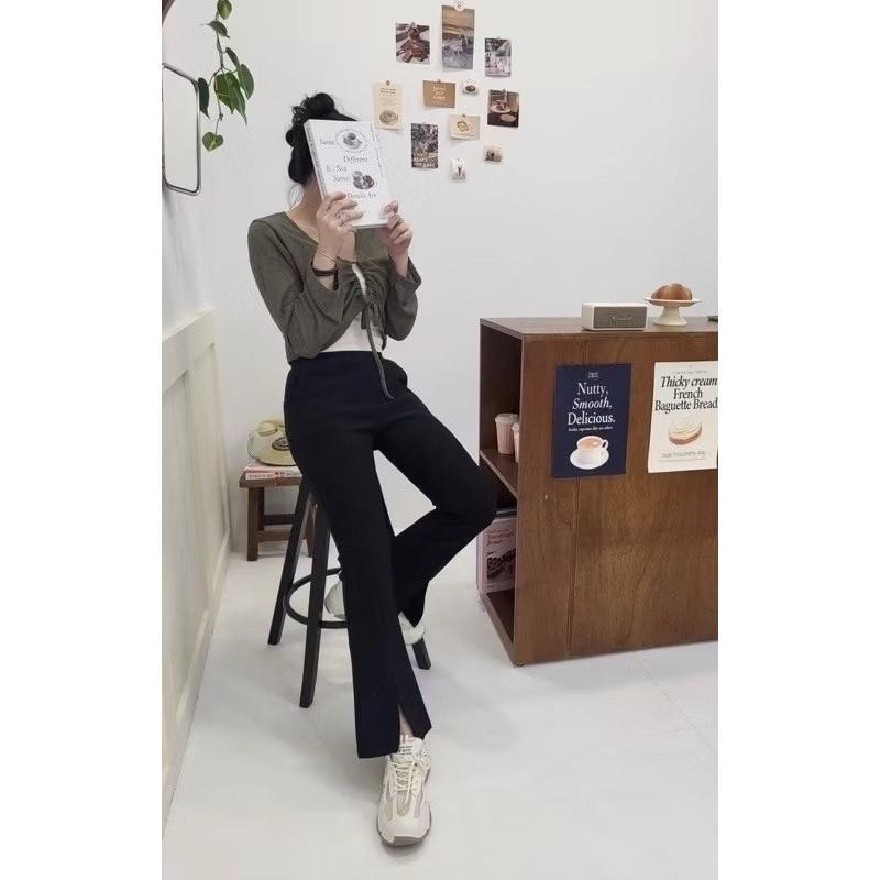 (D234)前開衩內磨毛喇叭褲S-XL 保暖 鬆緊長褲-細節圖2