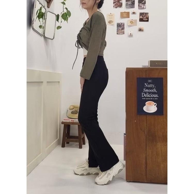 (D234)前開衩內磨毛喇叭褲S-XL 保暖 鬆緊長褲-細節圖3