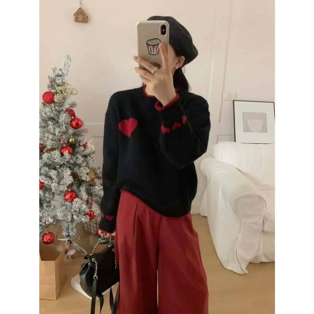 (A312)撞色愛心圖案長袖針織上衣-3色-細節圖6