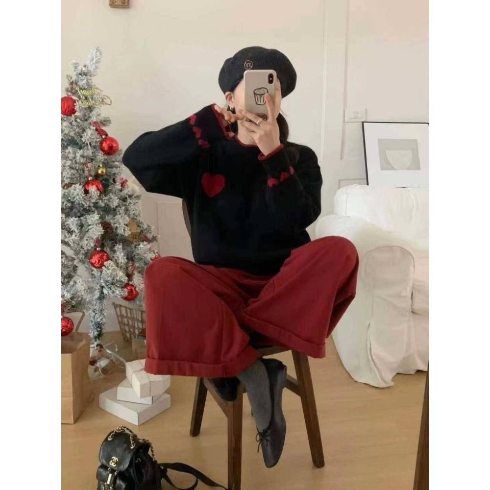 (A312)撞色愛心圖案長袖針織上衣-3色-細節圖7