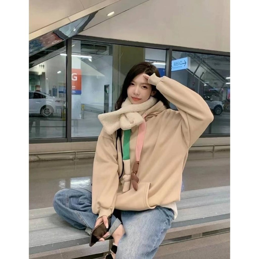 (A310)撞色澎澎抽繩內刷絨長袖帽t-3色 保暖 長袖上衣 連帽上衣 大學t-細節圖2