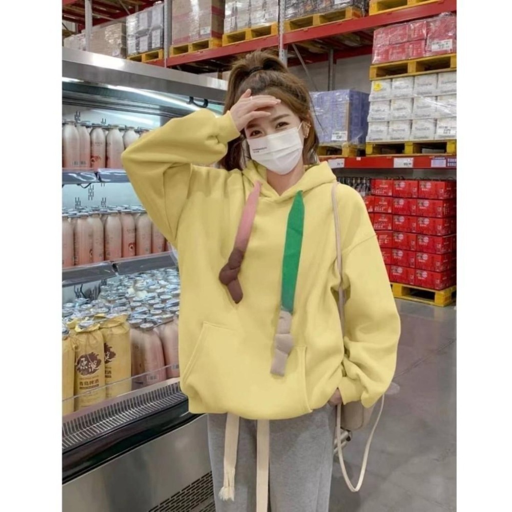 (A310)撞色澎澎抽繩內刷絨長袖帽t-3色 保暖 長袖上衣 連帽上衣 大學t-細節圖3