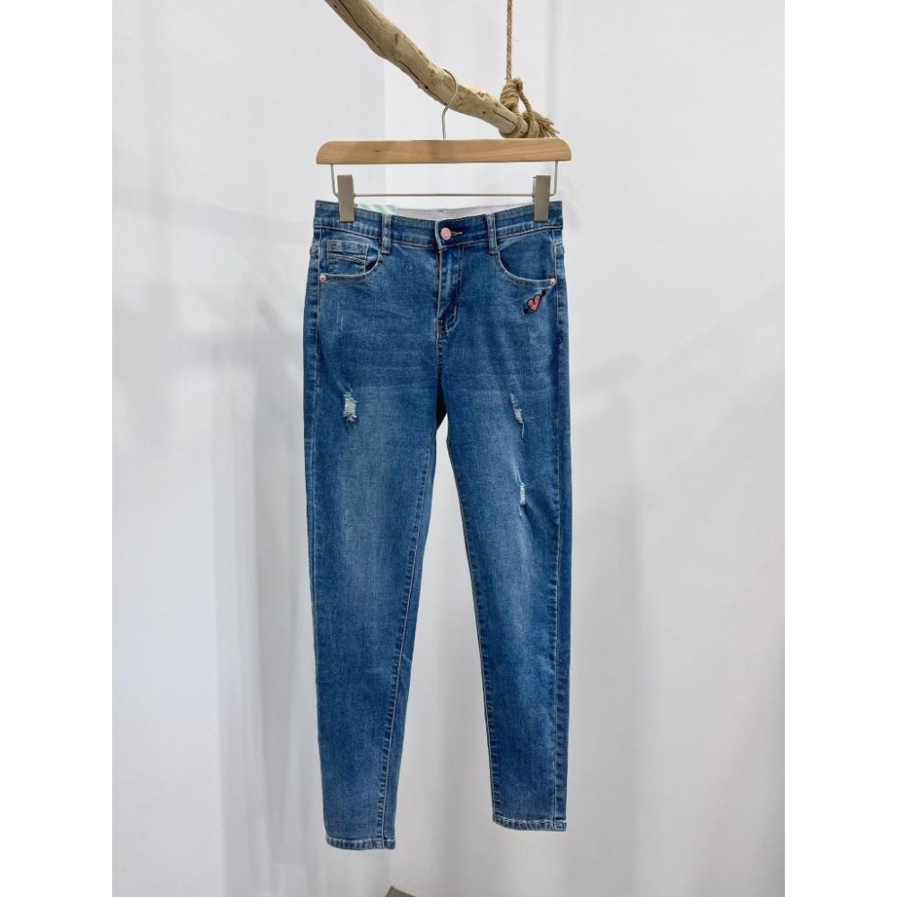 (D214)愛心圖案刷破牛仔長褲S-XL-細節圖6