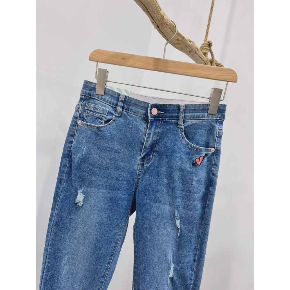 (D214)愛心圖案刷破牛仔長褲S-XL-細節圖7