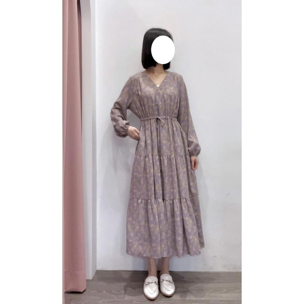 (C71)灰紫色V領碎花抽繩長袖洋裝(有口袋)-細節圖2