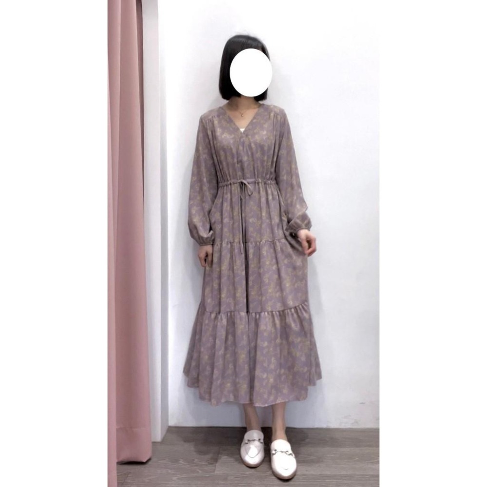 (C71)灰紫色V領碎花抽繩長袖洋裝(有口袋)-細節圖3