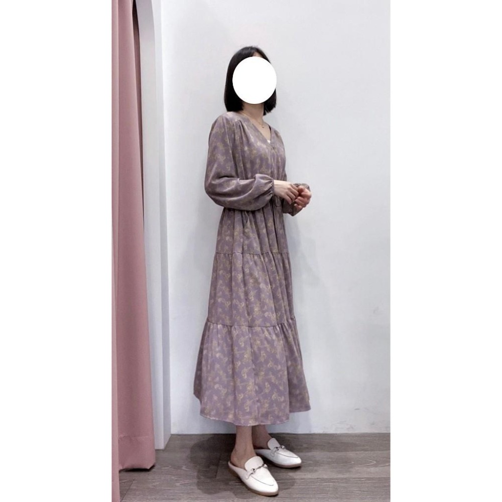 (C71)灰紫色V領碎花抽繩長袖洋裝(有口袋)-細節圖4