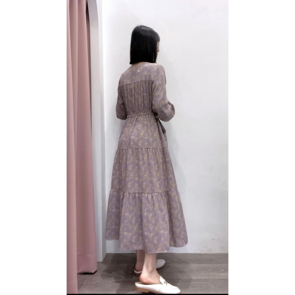 (C71)灰紫色V領碎花抽繩長袖洋裝(有口袋)-細節圖5