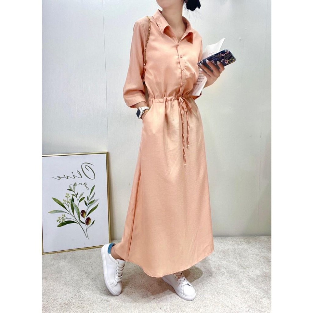 (C68)棉麻縮腰抽繩七分袖長洋裝-3色-細節圖2