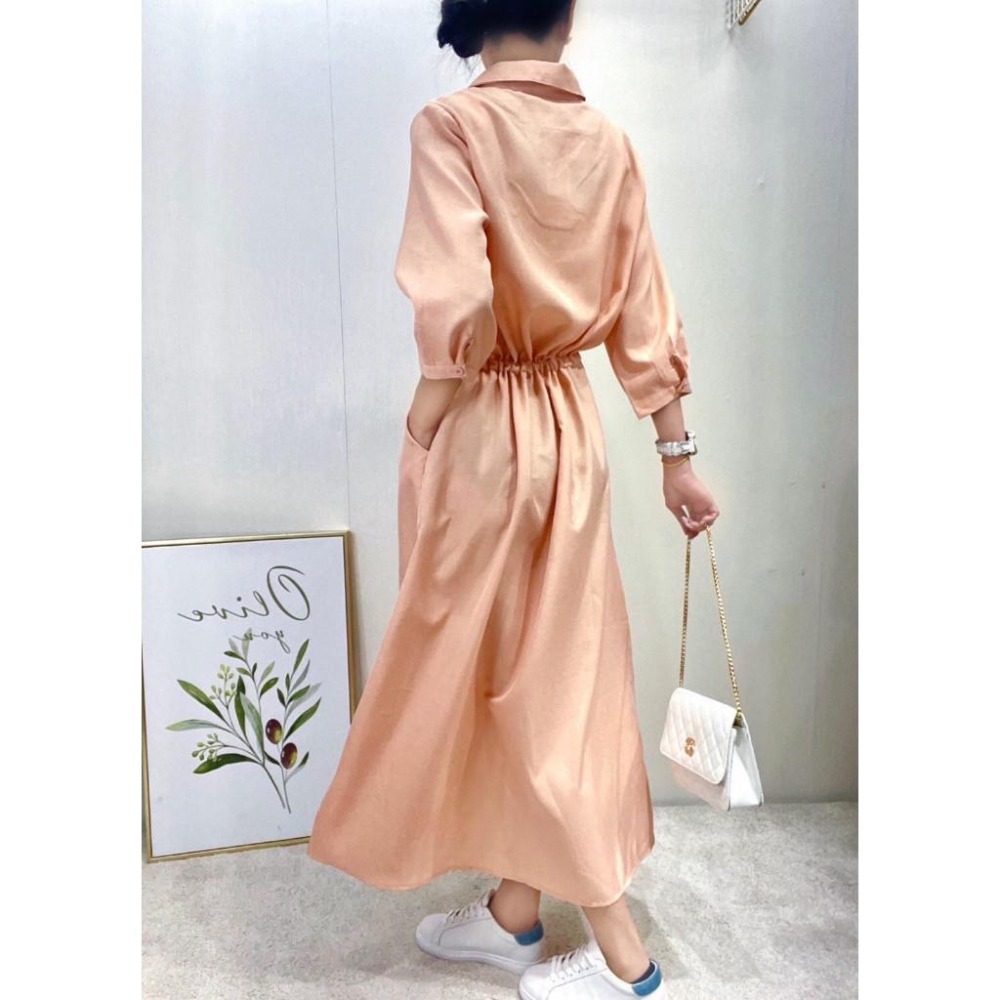 (C68)棉麻縮腰抽繩七分袖長洋裝-3色-細節圖3