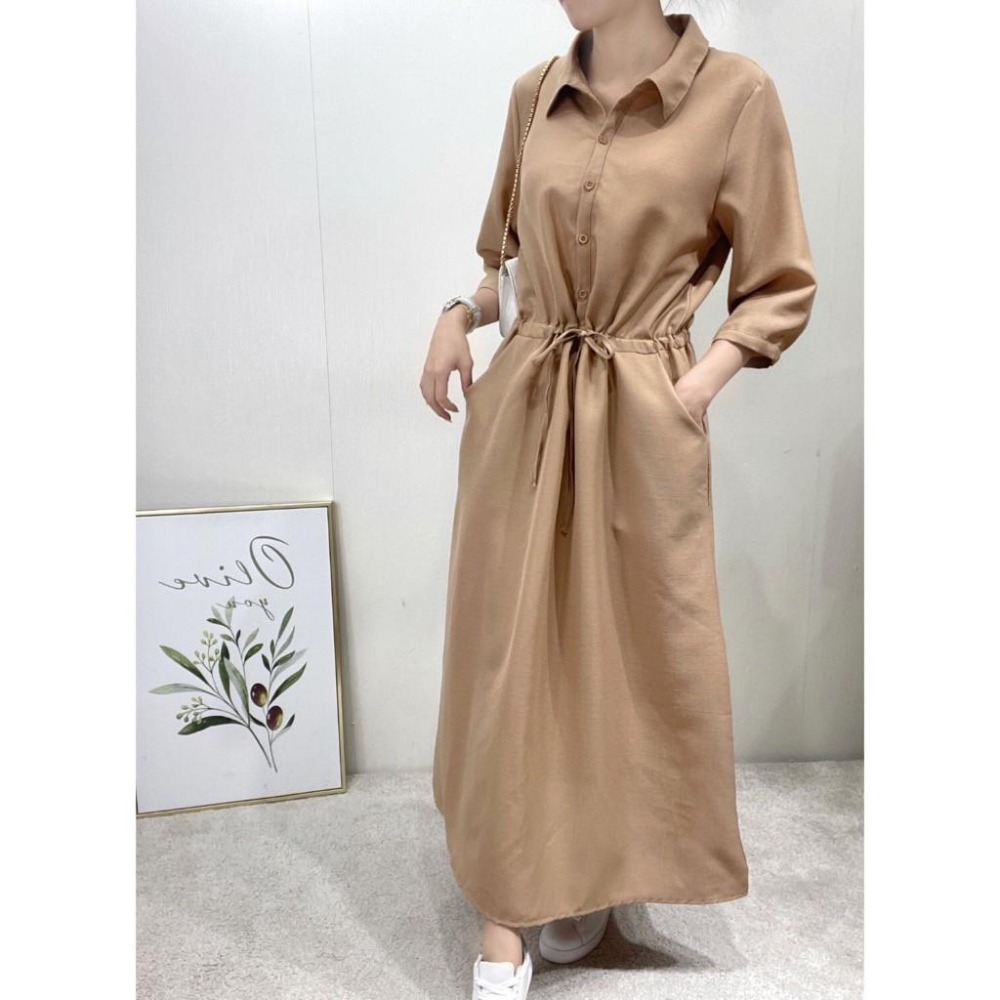 (C68)棉麻縮腰抽繩七分袖長洋裝-3色-細節圖4