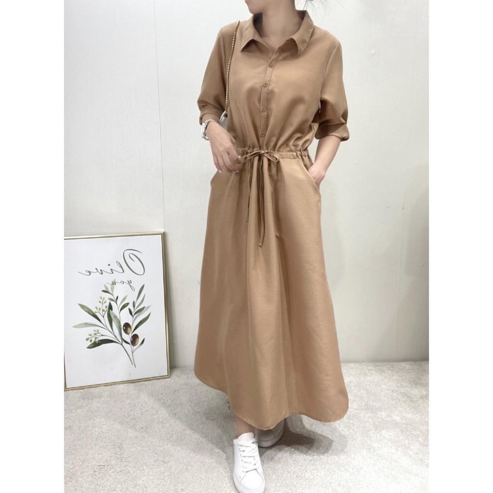 (C68)棉麻縮腰抽繩七分袖長洋裝-3色-細節圖5