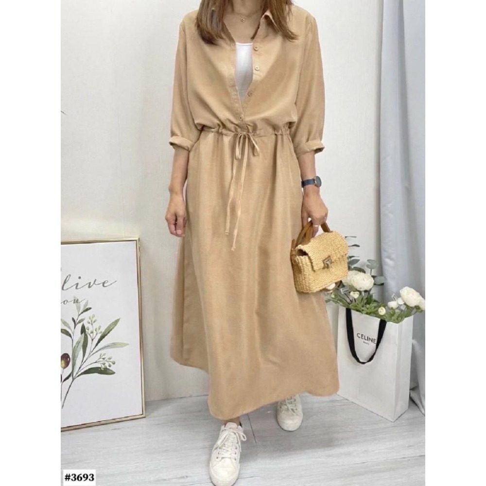 (C68)棉麻縮腰抽繩七分袖長洋裝-3色-細節圖6