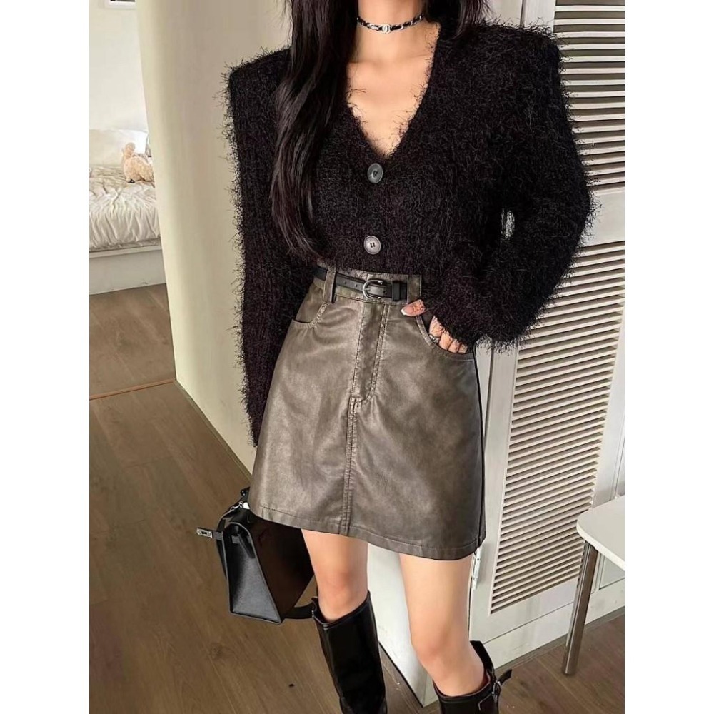 (E63)復古油蠟感附皮帶小皮裙-2色(有安全褲)-細節圖2