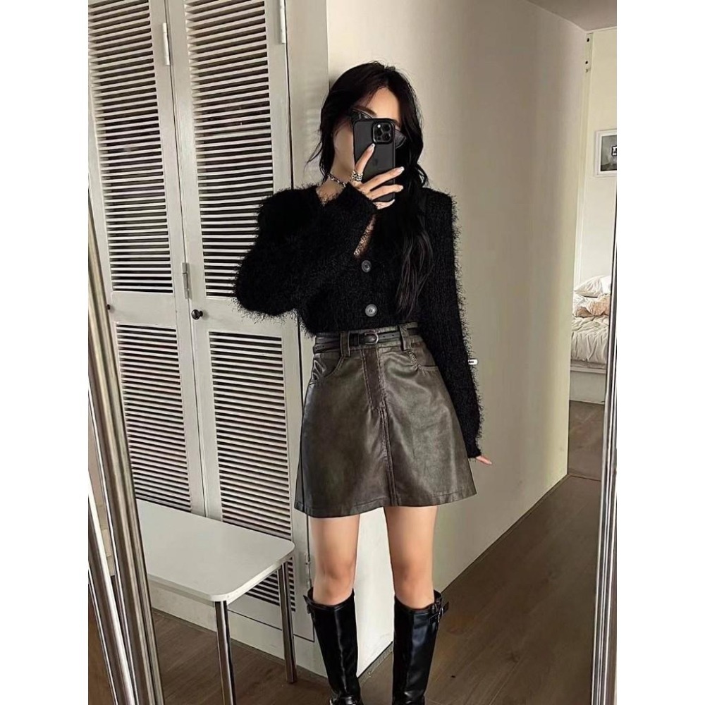 (E63)復古油蠟感附皮帶小皮裙-2色(有安全褲)-細節圖3