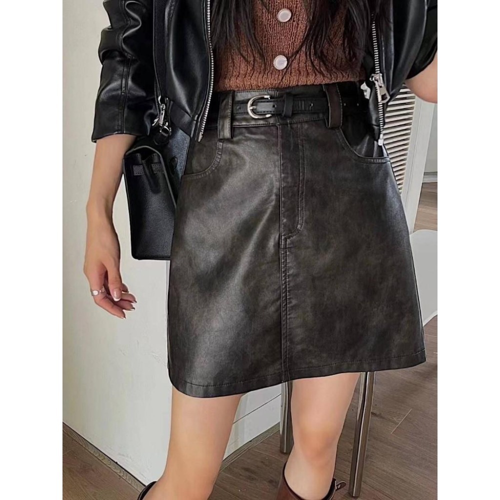 (E63)復古油蠟感附皮帶小皮裙-2色(有安全褲)-細節圖4