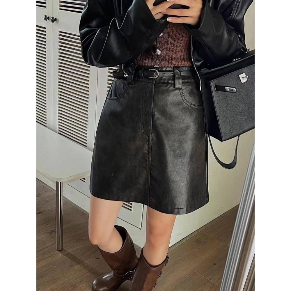 (E63)復古油蠟感附皮帶小皮裙-2色(有安全褲)-細節圖5