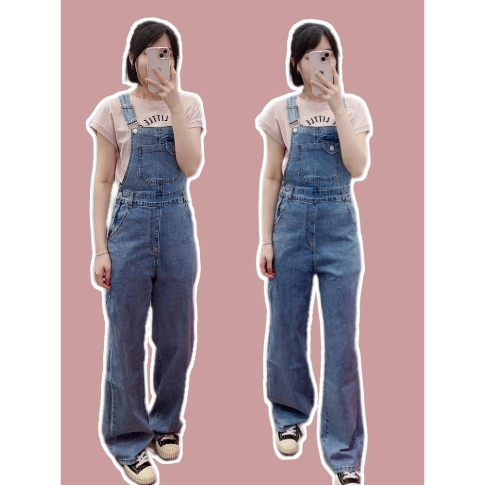 (F32)柔軟牛仔彈性吊帶落地寬褲S-XL  ✅高個女孩也ok 吊帶褲 吊帶長褲-細節圖3