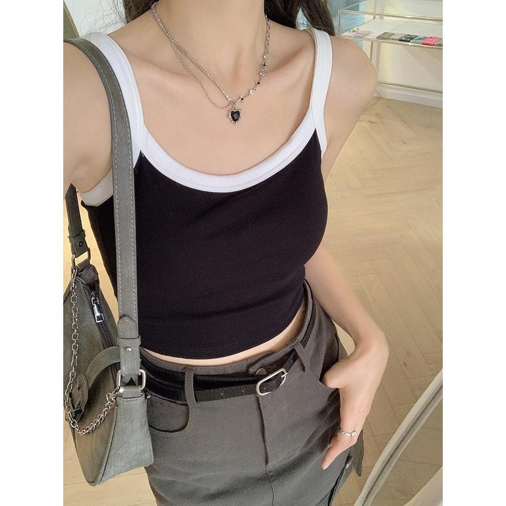 (B15)細肩帶包覆帶胸墊短版背心S-XL  bra top 一體成型 罩杯背心 不跑杯-細節圖2