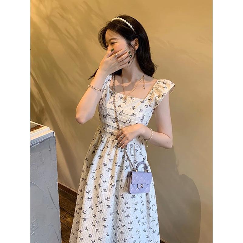 法式小飛袖褶皺碎花洋裝 氣質 連身裙 連衣裙 連身裙長裙-細節圖2