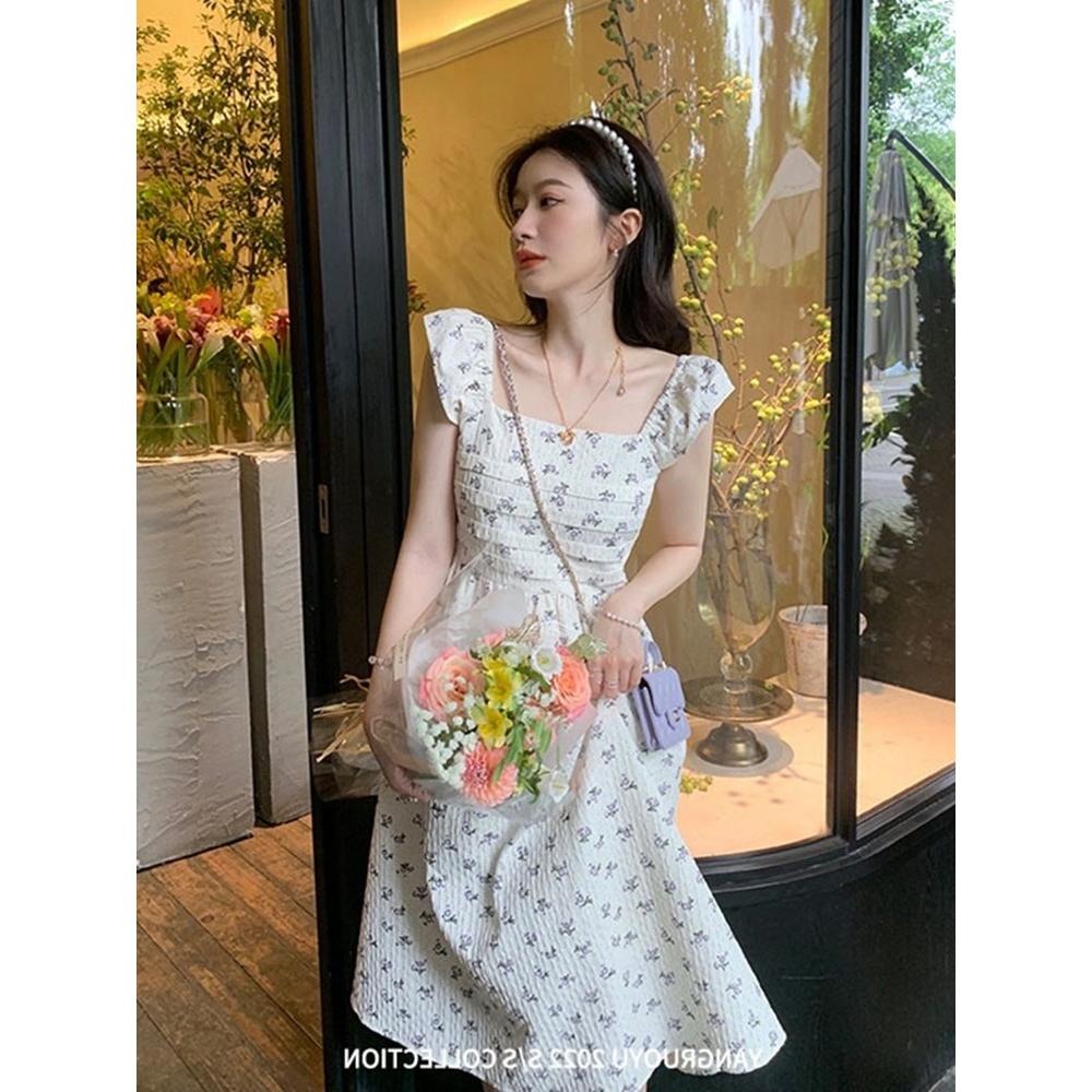 法式小飛袖褶皺碎花洋裝 氣質 連身裙 連衣裙 連身裙長裙-細節圖3