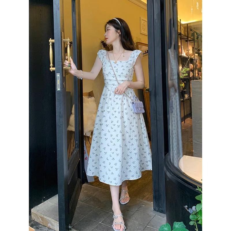 法式小飛袖褶皺碎花洋裝 氣質 連身裙 連衣裙 連身裙長裙-細節圖4