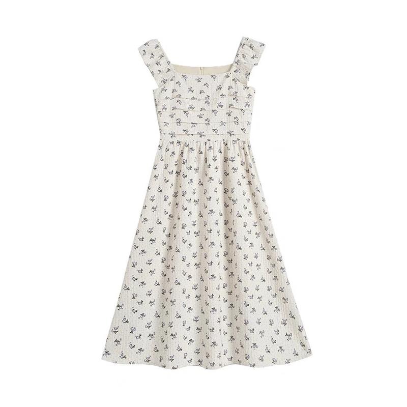 法式小飛袖褶皺碎花洋裝 氣質 連身裙 連衣裙 連身裙長裙-細節圖5