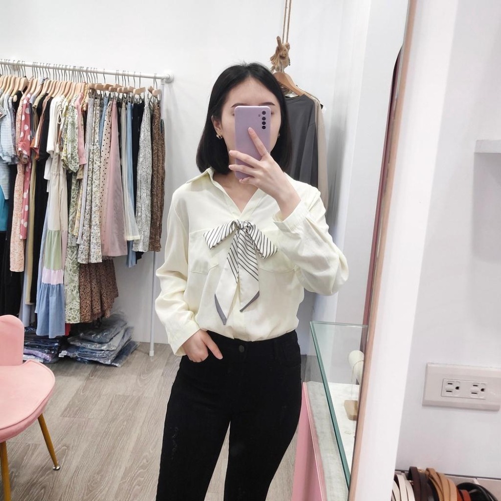 (A219)領帶設計長袖襯衫-3色 【現貨-卡綠】-細節圖2