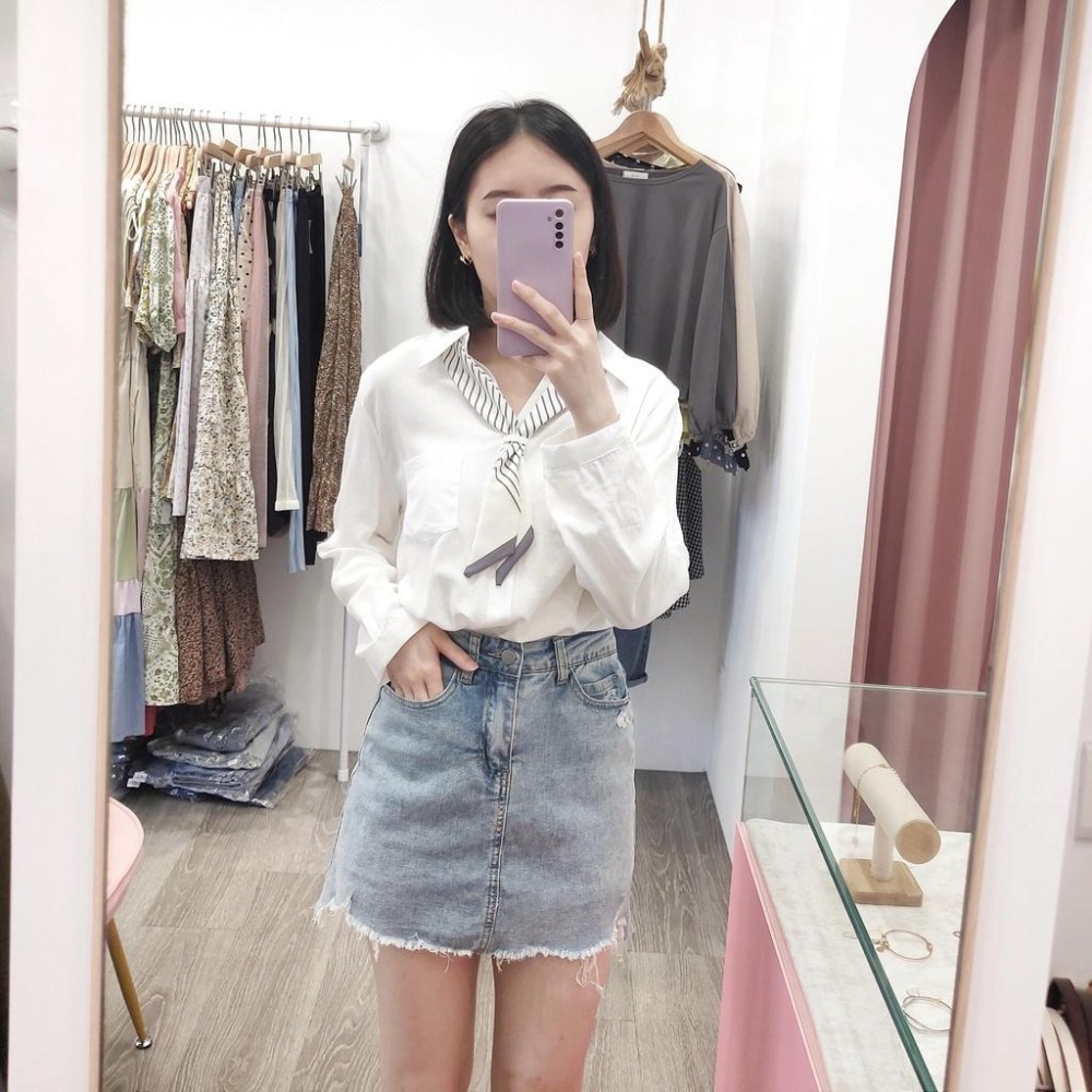 (A219)領帶設計長袖襯衫-3色 【現貨-卡綠】-細節圖4