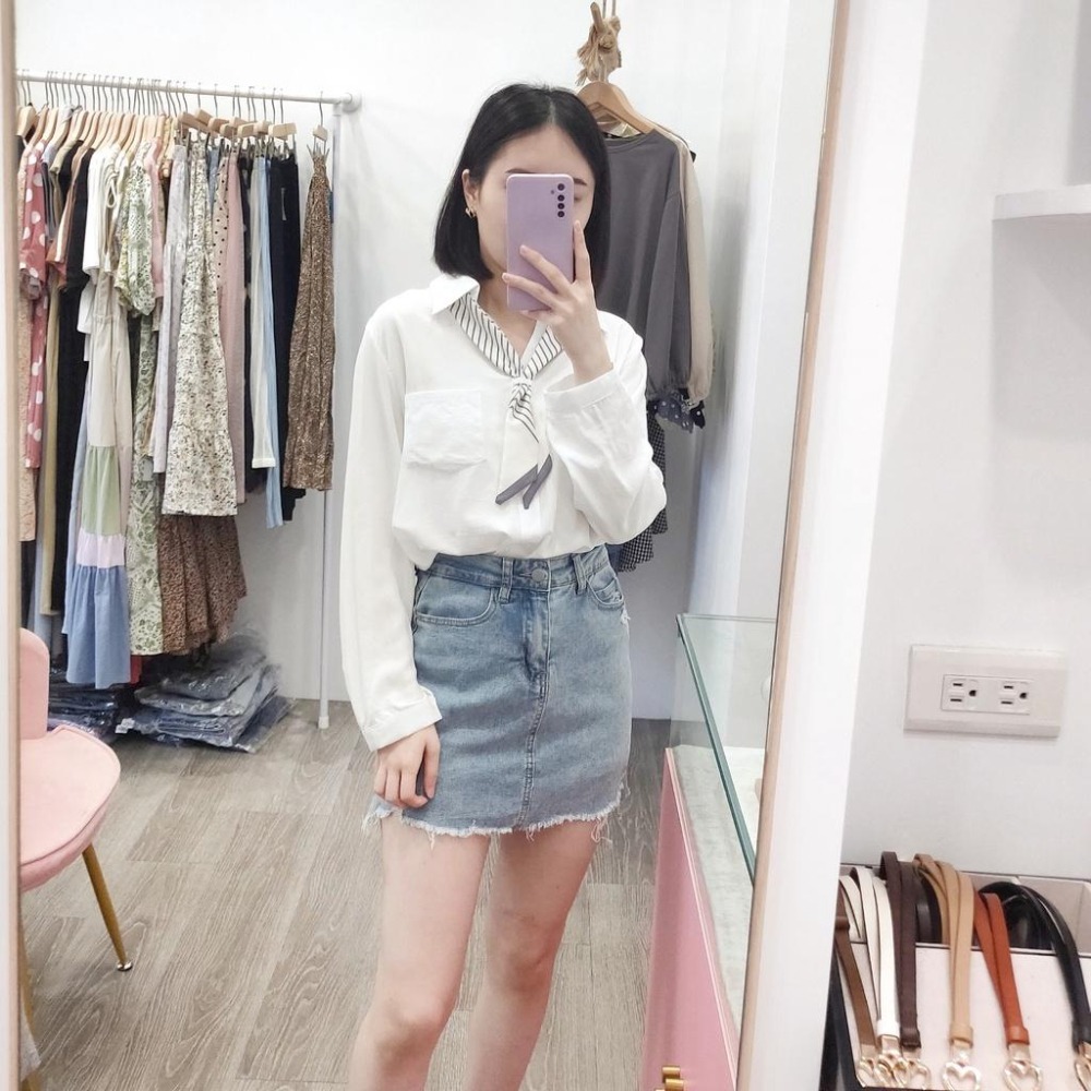 (A219)領帶設計長袖襯衫-3色 【現貨-卡綠】-細節圖5