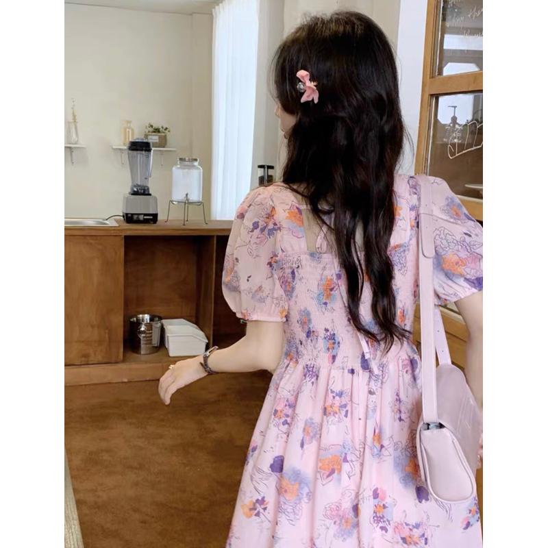 蕾絲小澎袖粉色印花洋裝 短袖 連身裙 連衣裙 連身裙長裙-細節圖3