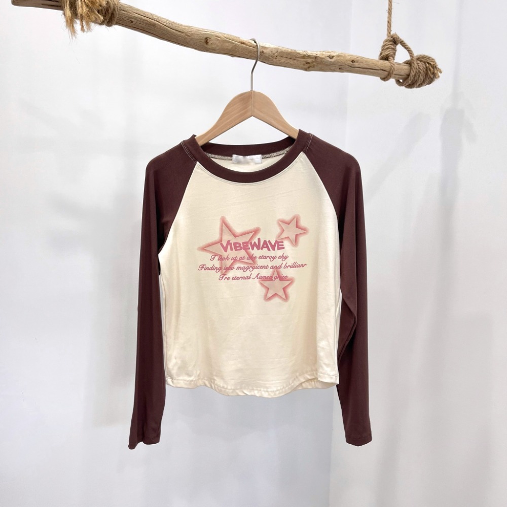 (A296)星星圖案撞色長袖圓弧下擺上衣-5色-規格圖4