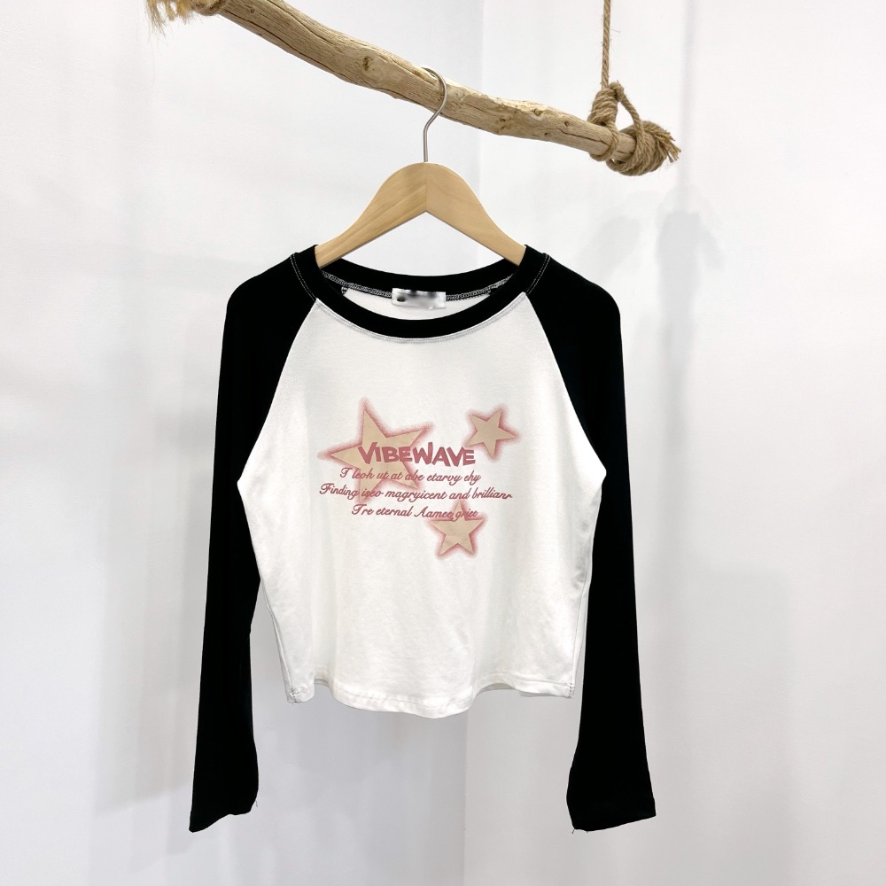 (A296)星星圖案撞色長袖圓弧下擺上衣-5色-規格圖4