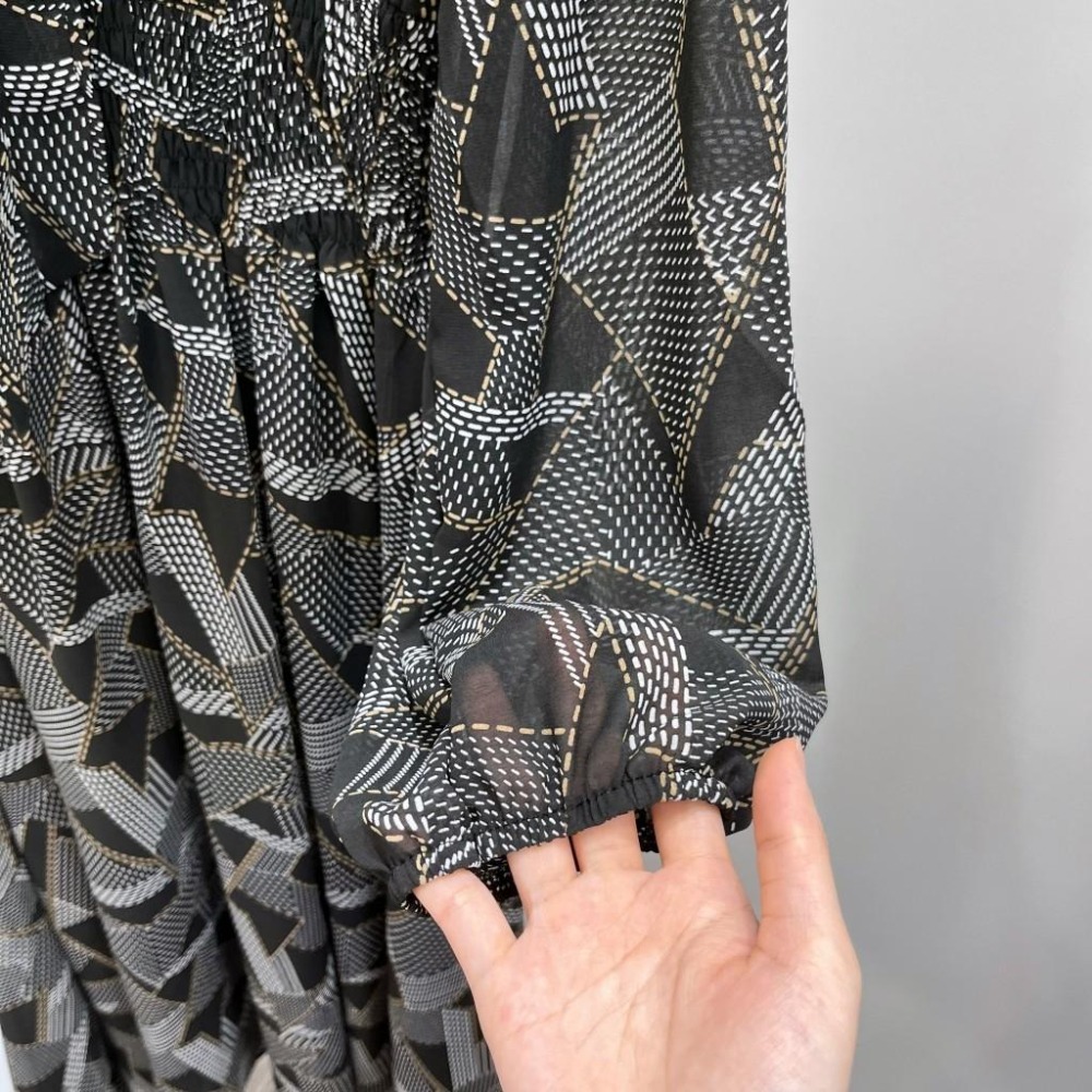 (C72)幾何圖案綁帶縮腰長袖洋裝-細節圖3