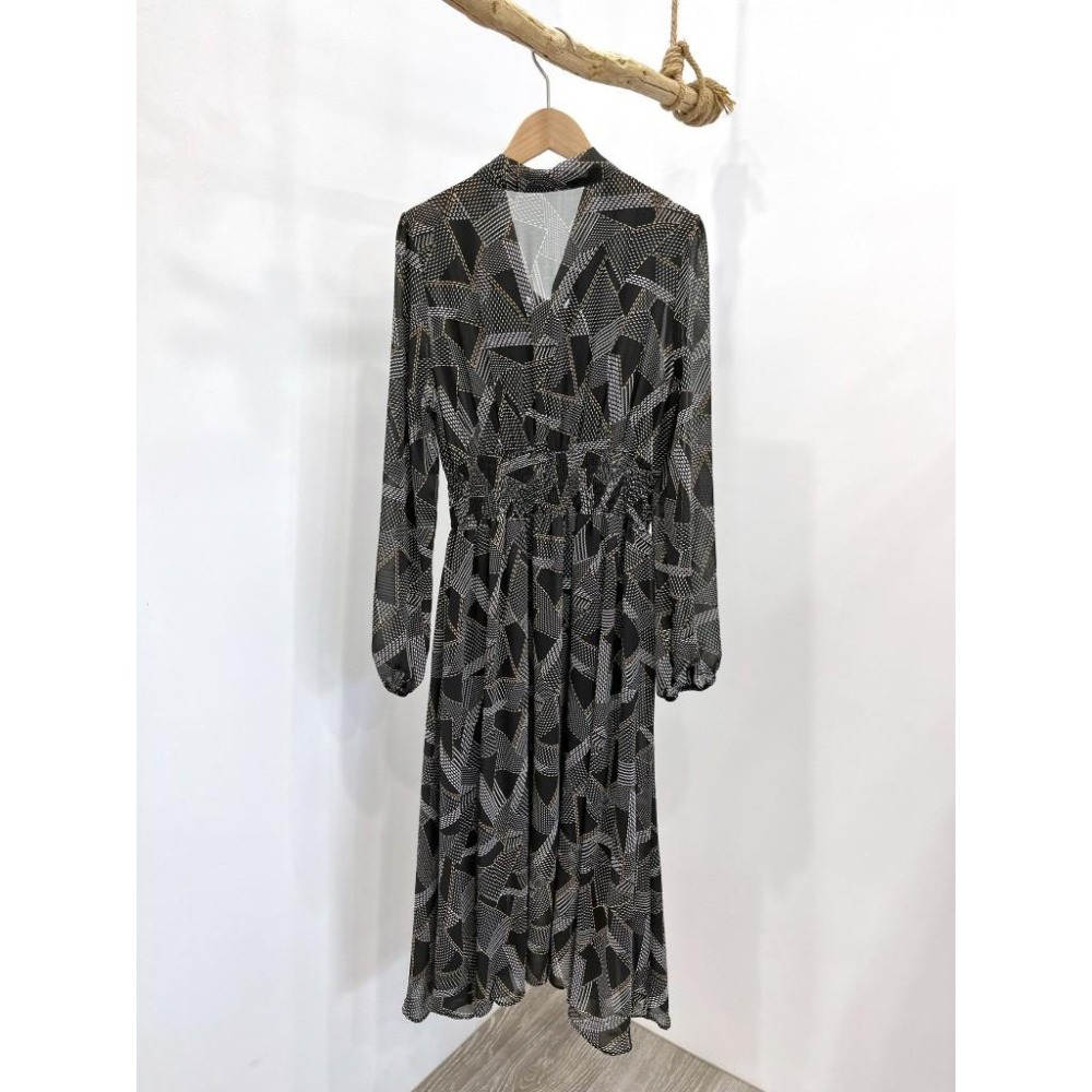 (C72)幾何圖案綁帶縮腰長袖洋裝-細節圖4