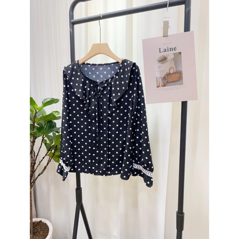 (A221)雕花拼接袖點點上衣-3色-規格圖4