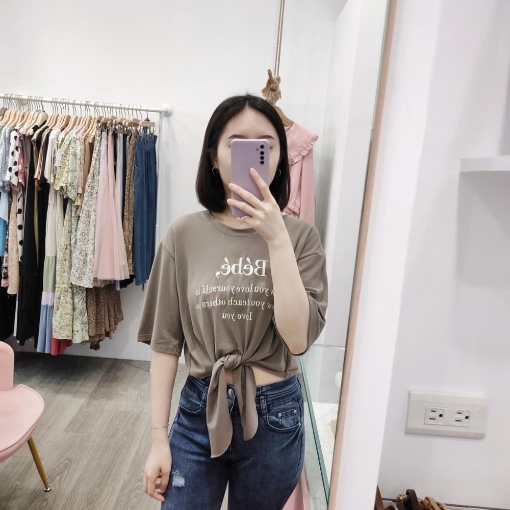 (A222)正韓 英字刺繡軟料綁帶上衣-4色-細節圖2
