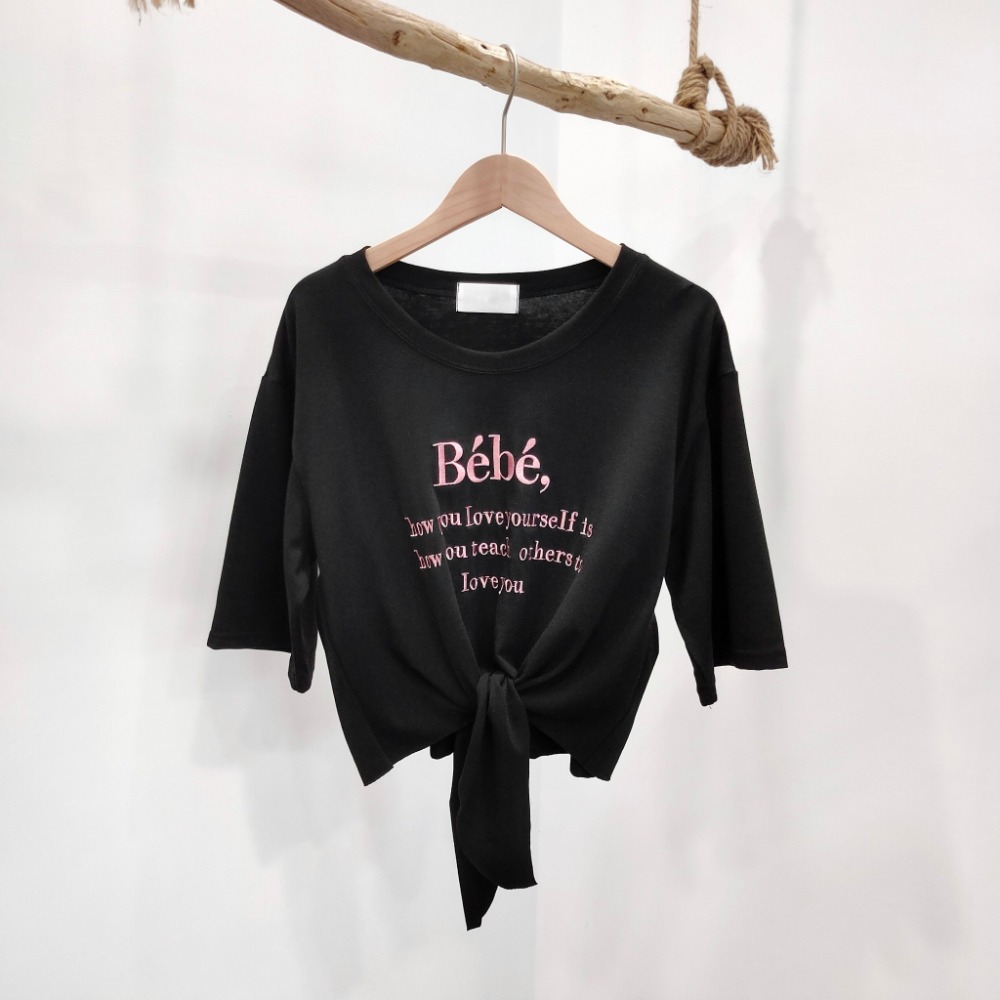 (A222)正韓 英字刺繡軟料綁帶上衣-4色-規格圖6