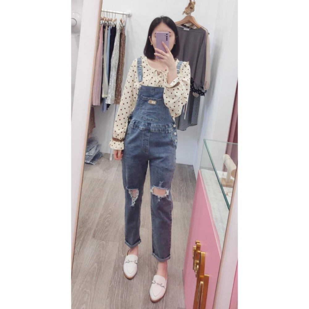 (F30)柔軟牛仔刷破吊帶長褲S-XL 牛仔吊帶褲 破褲-細節圖2