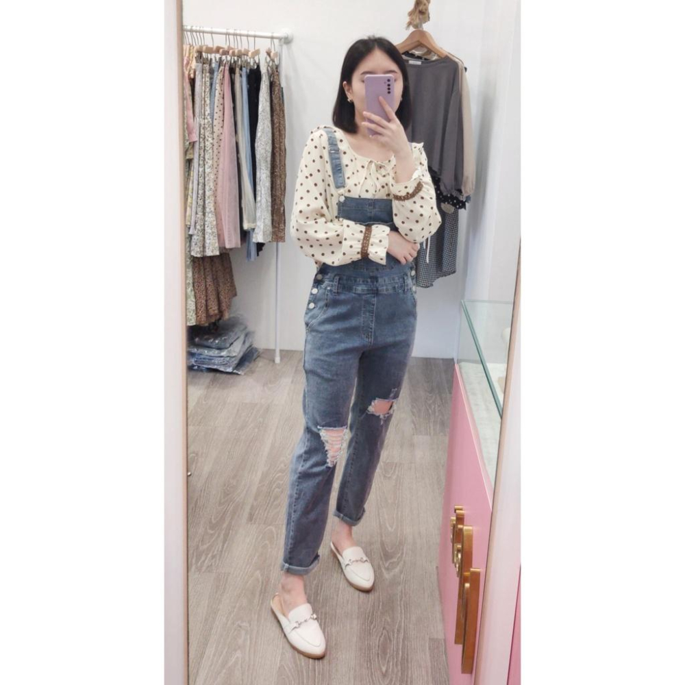 (F30)柔軟牛仔刷破吊帶長褲S-XL 牛仔吊帶褲 破褲-細節圖3