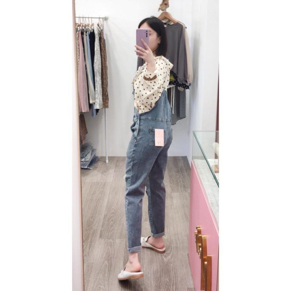 (F30)柔軟牛仔刷破吊帶長褲S-XL 牛仔吊帶褲 破褲-細節圖4