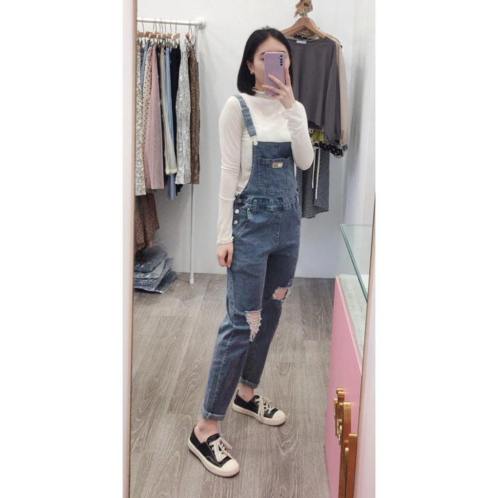 (F30)柔軟牛仔刷破吊帶長褲S-XL 牛仔吊帶褲 破褲-細節圖6