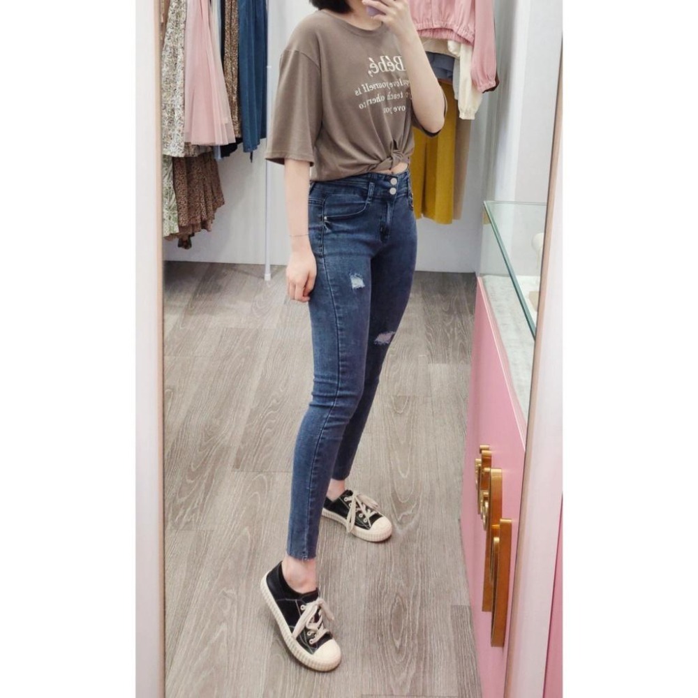 (D164)雙釦高腰刷色牛仔窄管褲S-2L【現貨XL】-細節圖2