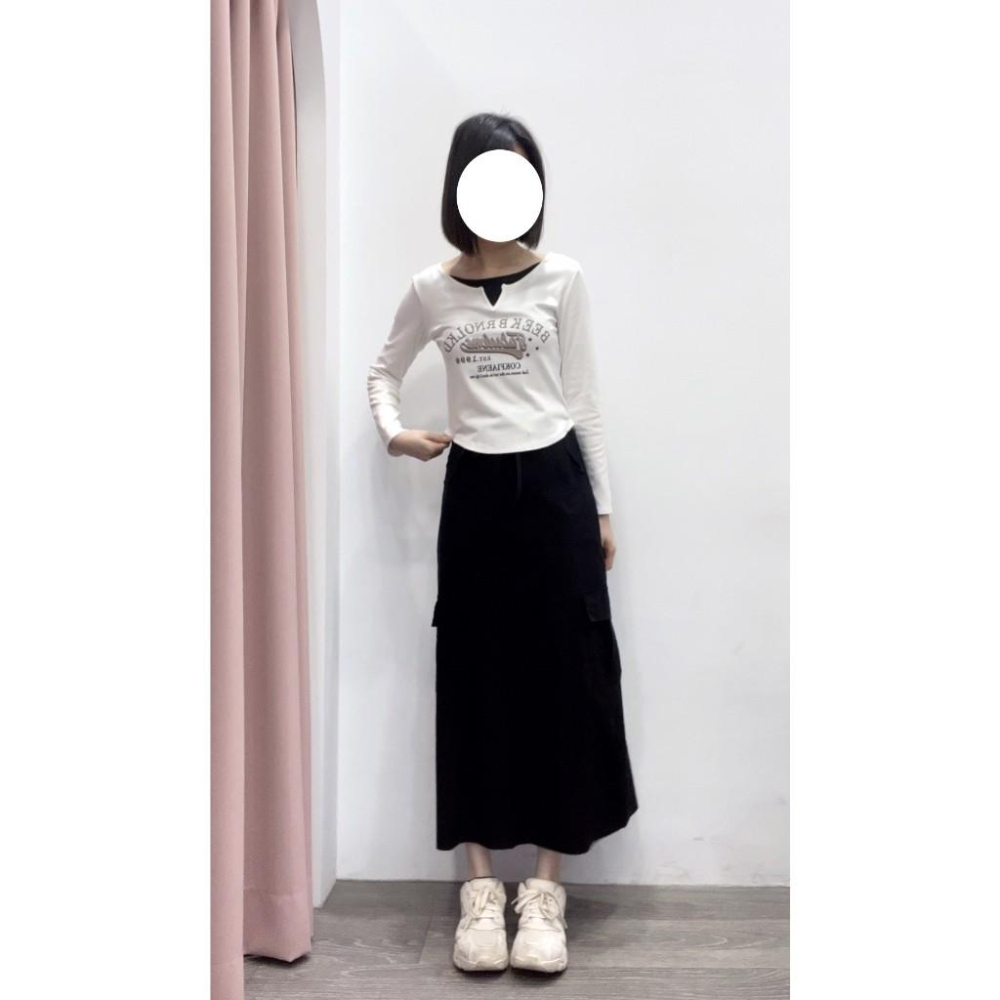 (E64)後鬆緊抽繩綁帶口袋工裝長裙S-L(版偏大)-細節圖2