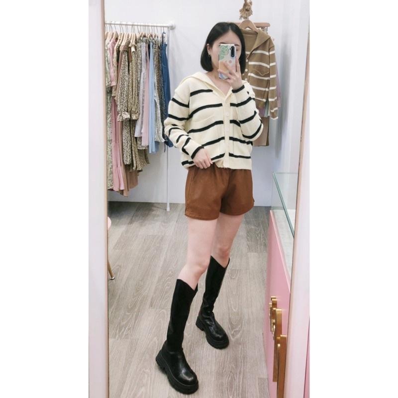 (D166)鬆緊高腰側開岔皮褲-2色(M.XL)-細節圖2