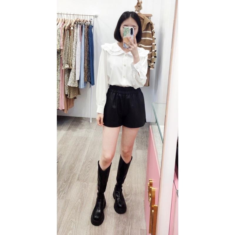 (D166)鬆緊高腰側開岔皮褲-2色(M.XL)-細節圖5