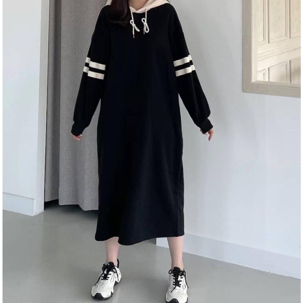 (E67)條紋撞色連帽內刷毛休閒洋裝-2色 連身裙 連身洋 連身裙長裙 秋冬洋裝-細節圖2
