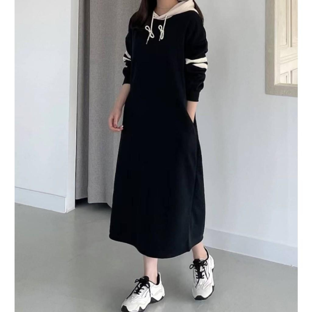 (E67)條紋撞色連帽內刷毛休閒洋裝-2色 連身裙 連身洋 連身裙長裙 秋冬洋裝-細節圖3