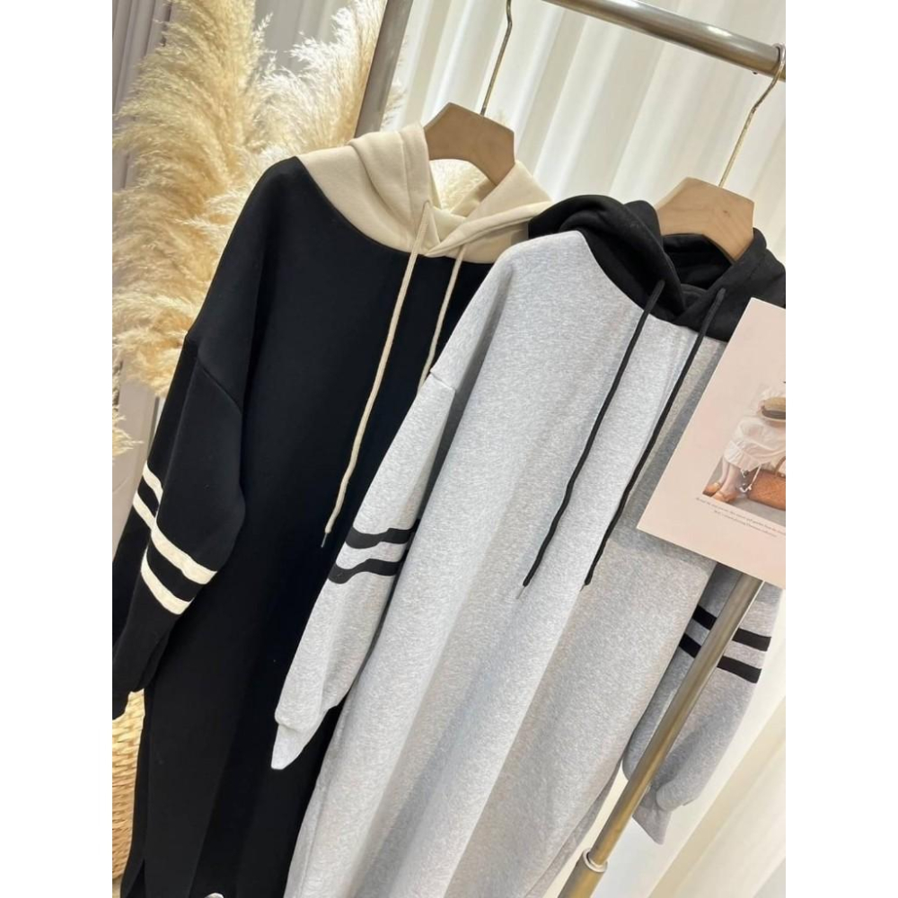 (E67)條紋撞色連帽內刷毛休閒洋裝-2色 連身裙 連身洋 連身裙長裙 秋冬洋裝-細節圖5