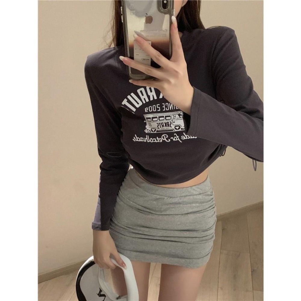 (A292)巴士圖案側抽繩短版上衣-6色 長袖上衣 長袖短版 tshirt t恤 長袖t恤-細節圖2